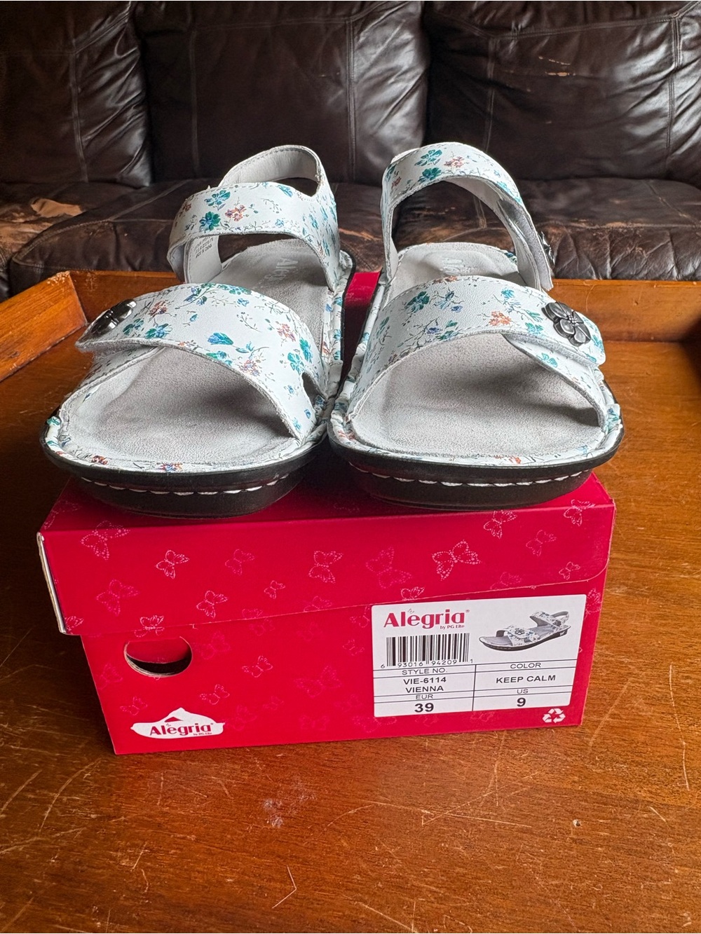 Alegria Womens White Sandals with Blue and Teal Floral Print